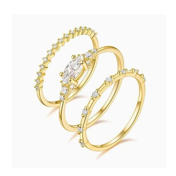 NWT Dainty Ring Set of 3PCs 14K Gold Plated Cubic Zirconia Sz.7 Fairy - Picture 3 of 11